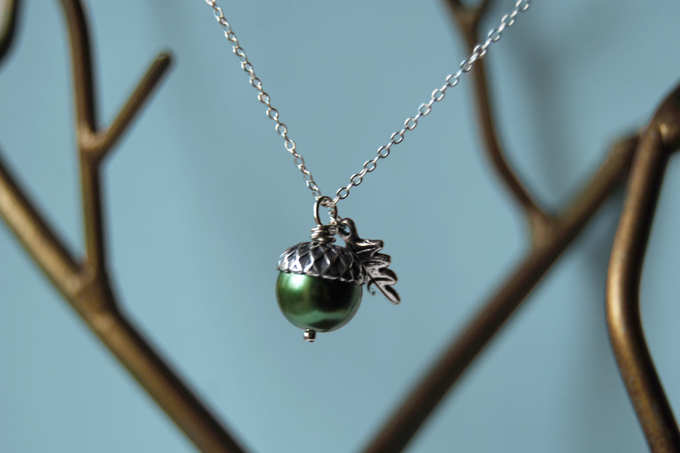 Spring and Silver Pearl Acorn Necklace | Cute Nature Acorn Charm Necklace | Fall Acorn Necklace | Woodland Pearl Acorn | Nature Jewelry - Enchanted Leaves - Nature Jewelry - Unique Handmade Gifts
