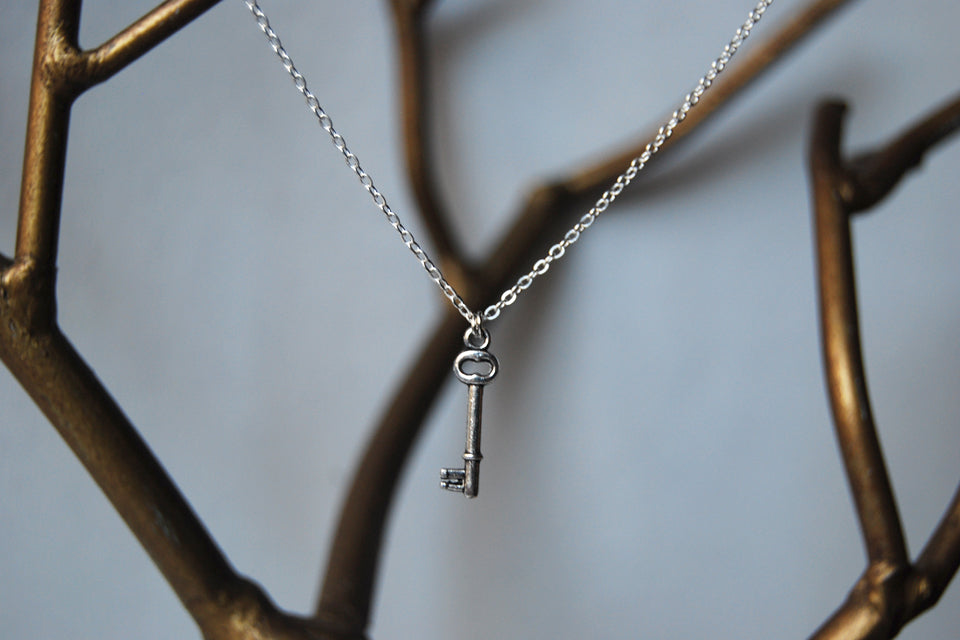 Teeny Tiny Skeleton Key Necklace - Enchanted Leaves - Nature Jewelry - Unique Handmade Gifts