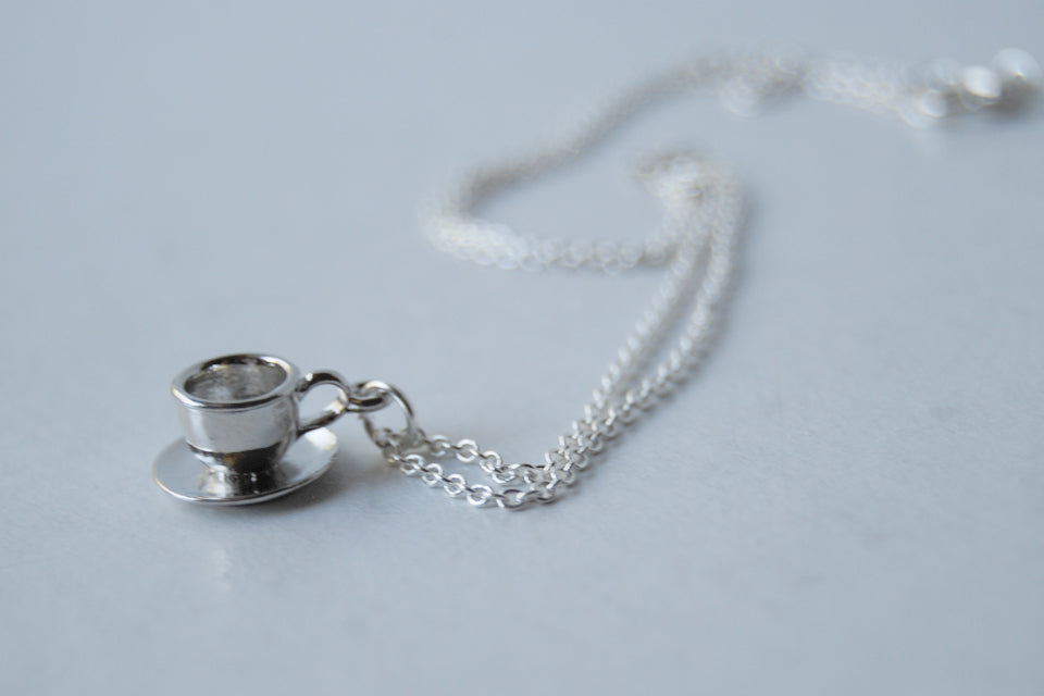 Little Tea Cup and Saucer Necklace | Teacup Charm Necklace | Cute Miniature Jewelry - Enchanted Leaves - Nature Jewelry - Unique Handmade Gifts