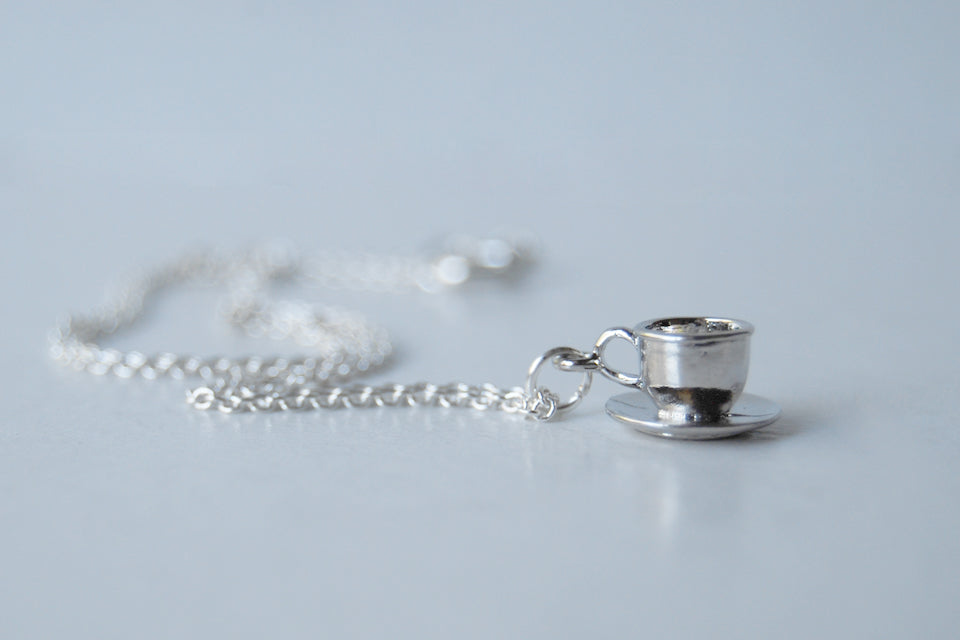 Little Tea Cup and Saucer Necklace | Teacup Charm Necklace | Cute Miniature Jewelry - Enchanted Leaves - Nature Jewelry - Unique Handmade Gifts