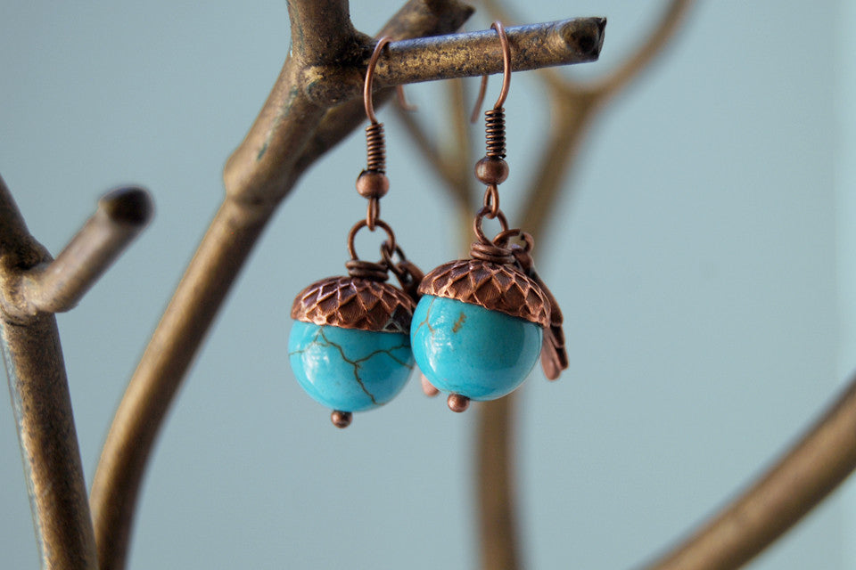 Copper Acorn Earrings | Pearl or Gemstone Acorn Charm Earrings | Fall Earrings | Nature Jewelry - Enchanted Leaves - Nature Jewelry - Unique Handmade Gifts