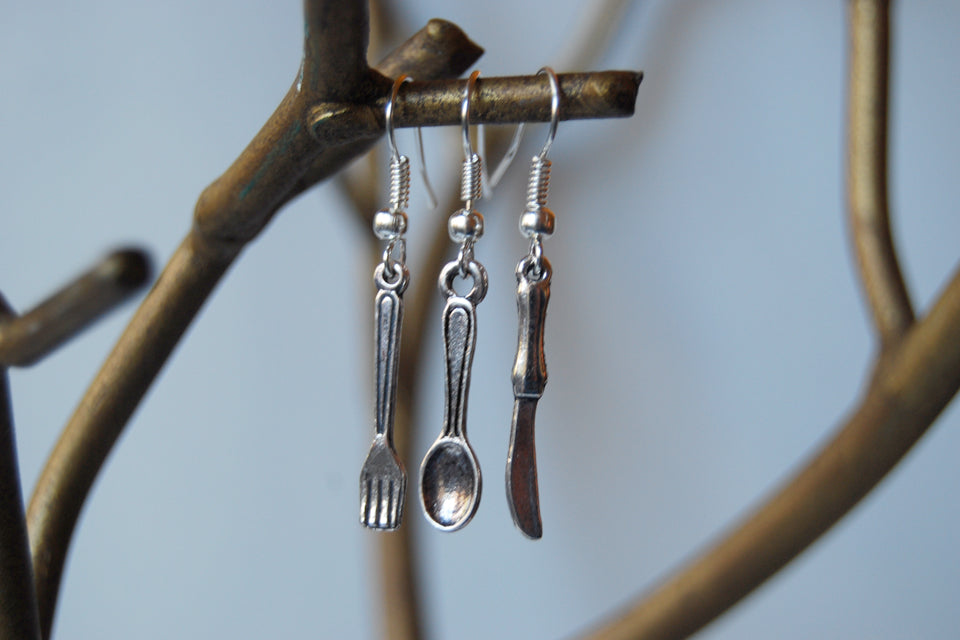 Bon Appétit Earrings | Utensil Set Earrings | Spoon Fork and Knife Charm - Enchanted Leaves - Nature Jewelry - Unique Handmade Gifts