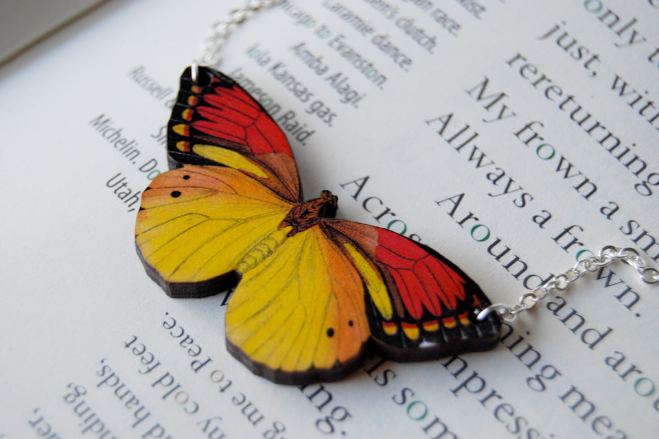 Vibrant Yellow Butterfly Necklace | Wooden Butterfly Pendant | Woodland Insect Butterfly Art Jewelry - Enchanted Leaves - Nature Jewelry - Unique Handmade Gifts