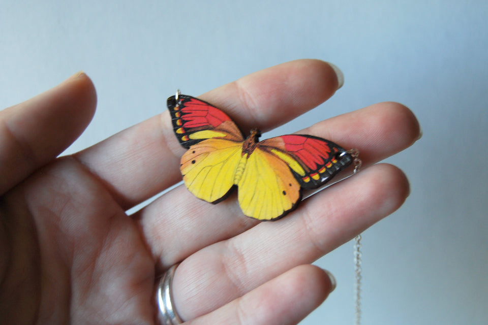 Vibrant Yellow Butterfly Necklace | Wooden Butterfly Pendant | Woodland Insect Butterfly Art Jewelry - Enchanted Leaves - Nature Jewelry - Unique Handmade Gifts