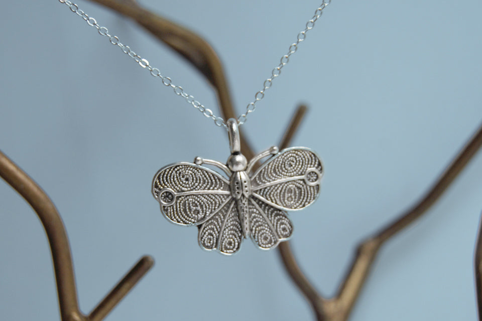 Vintage Style Butterfly Necklace - Enchanted Leaves - Nature Jewelry - Unique Handmade Gifts