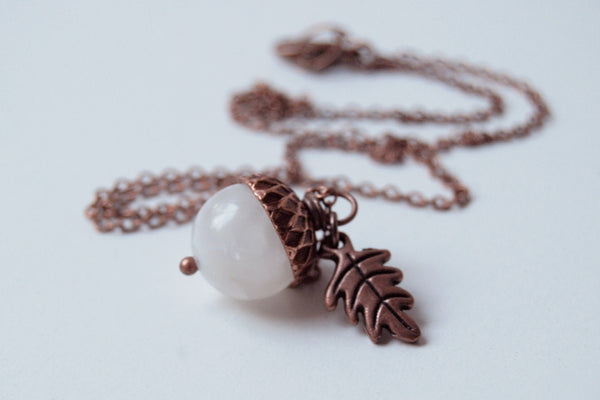White Moonstone and Copper Acorn Necklace - Enchanted Leaves - Nature Jewelry - Unique Handmade Gifts