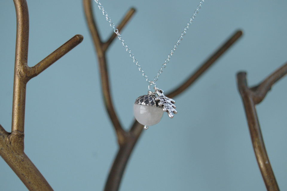 White Moonstone and Silver Acorn Necklace - Enchanted Leaves - Nature Jewelry - Unique Handmade Gifts