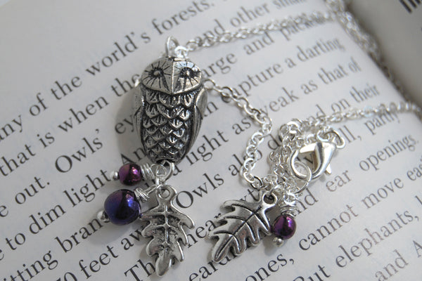 Silver Woodland Owl Necklace | Owl Charm Necklace | Forest Jewelry - Enchanted Leaves - Nature Jewelry - Unique Handmade Gifts