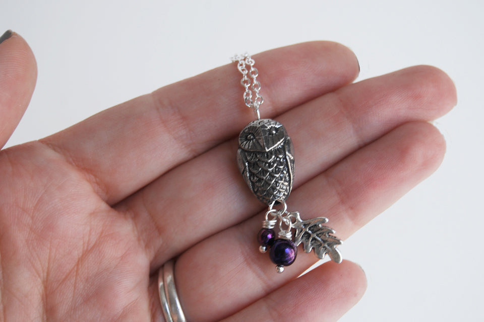 Silver Woodland Owl Necklace | Owl Charm Necklace | Forest Jewelry - Enchanted Leaves - Nature Jewelry - Unique Handmade Gifts